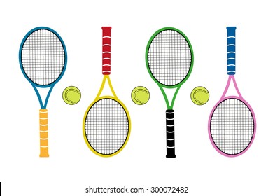 Colored big tennis rackets with ball. Active sports. Vector illustration.