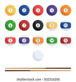 Colored billiard balls with numbers and cue. The character set of balls for the pool. Vector illustration in flat style isolated on white background for your design