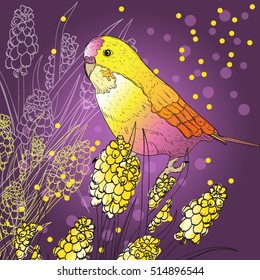 Colored bird with exotic flowers card design