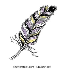 Colored bird feather on a white background. Hand drawing, sketch, print