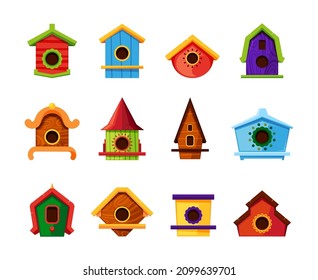 Colored bird houses. Wooden roofed living containers for flying birds trees houses garish vector flat pictures collection