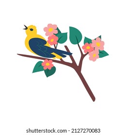 Pájaro de color sobre una rama de árbol en flor. Ilustración vectorial.