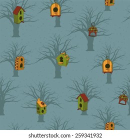 Colored birdhouses with trees on a blue background. Hand drawn tile texture. Ukraine