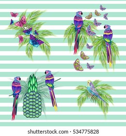 Colored birds, butterflies, palm leaves on striped background, patches for shirts, T-shirts, blouses, vector illustration