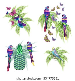Colored birds, butterflies, palm leaves patches for shirts, T-shirts, blouses, vector illustration