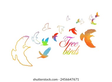 Farbige Vögel. Eine Schar fliegender Regenbogenvögel. Nicht KI, Vektorillustration.