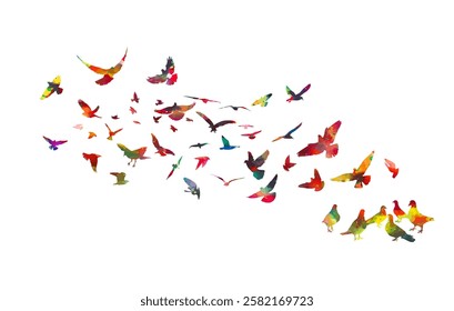 colored birds. A flock of flying rainbow birds. hand drawing. Not AI. Vector illustration.