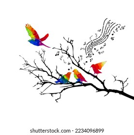 Colored birds on a branch sing songs. Vector illustration