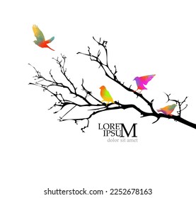 colored birds on a branch. Vector illustration