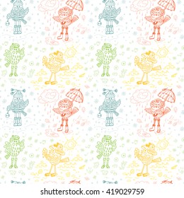 Colored Birds Seamless pattern. Four Seasons. Times of year. Weather. Cartoon birds at different times of year - Hand drawn doodles vector illustration