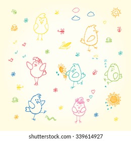 Colored Birds set. Hand drawn doodles cute fluffy chicks - vector illustration 