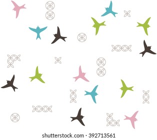 Colored birds silhouette seamless pattern on white background