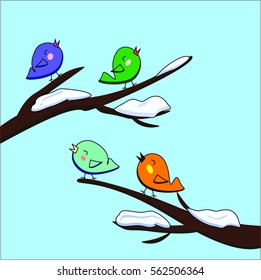 colored birds singing in winter