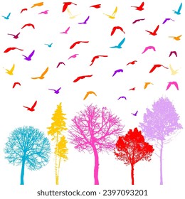 Aves y árboles de colores en el parque. dibujo a mano. No IA, ilustración vectorial