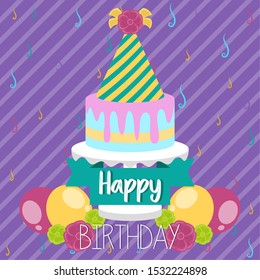 Colored birthday card with a birthday cake, balloons and a party hat - Vector