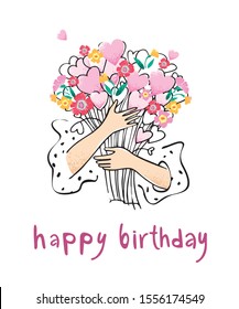 Colored birthday card concept. The girl's hands hold a bouquet of flowers with hearts drawn by hand on a white background. Decorative poster about love and care. Cute cartoon vector illustration