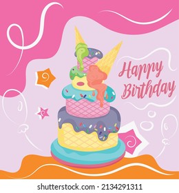 Colored birthday gift card isolated cake with ice cream Vector