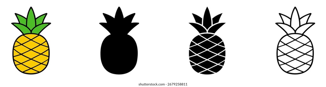 Abacaxis coloridos e pretos. Ícones de abacaxi isolados no fundo branco. Ilustração vetorial.