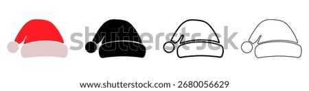 Colored and black Santa Claus hat. Santa hat icons isolated on white background. Vector illustration.