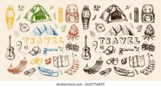 Colored and black set of hand drawn vintage illustrations showing hiking and camping gear. Includes travel tent, fire, backpack, guitar, map, compass, canoe and nature elements.