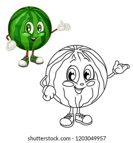 Colored and Black and White Cartoon Illustration of a Watermelon. Cute Fruit Coloring Page. Vector Illustration of a Watermelon Mascot Character