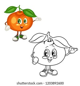 Colored and Black and White Cartoon Illustration of a Mandarin. Cute Fruit Coloring Page. Vector Illustration of a Mandarin Mascot Character