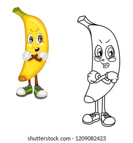 Colored and Black and White Cartoon Illustration of a Banana. Cute Fruit Coloring Page. Vector Illustration of a Banana Mascot Character