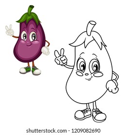 Colored and Black and White Cartoon Illustration of an Eggplant. Cute Vegetable Coloring Page. Vector Illustration of an Eggplant Mascot Character