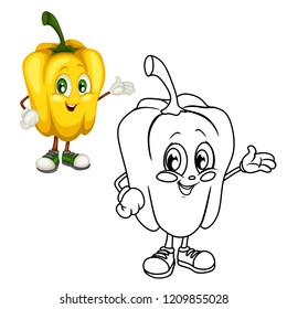 Colored and Black and White Cartoon Illustration of a Yellow Pepper. Cute Vegetable Coloring Page. Vector Illustration of a Sweet Pepper Mascot Character