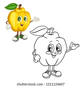 Colored and Black and White Cartoon Illustration of a Quince. Cute Fruit Coloring Page. Vector Illustration of a Quince Mascot Character