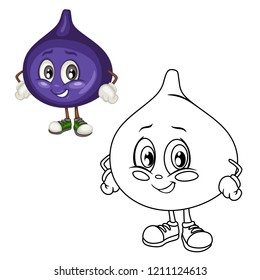 Colored and Black and White Cartoon Illustration of a Fig. Cute Fruit Coloring Page. Vector Illustration of a Fig Mascot Character