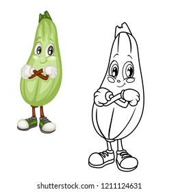 Colored and Black and White Cartoon Illustration of a Zucchini. Cute Vegetable Coloring Page. Vector Illustration of a Zucchini Mascot Character 