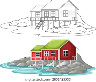 Colored and black and white line art versions of a coastal stilt house on rocks