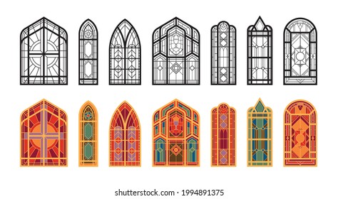 Ventanas de mosaico oblongas coloreadas y negras y blancas de la ilustración vectorial plana de la iglesia