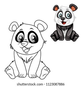 Colored and Black and White Vector Illustration of a Happy Panda. Cute Cartoon Panda Isolated on a White Background Coloring Page. Happy Animals Coloring Book for Children