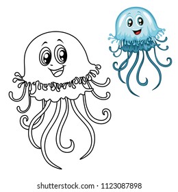 Colored and Black and White Vector Illustration of a Happy Jellyfish . Cute Cartoon Jellyfish  Isolated on a White Background Coloring Page. Happy Animals Coloring Book for Children