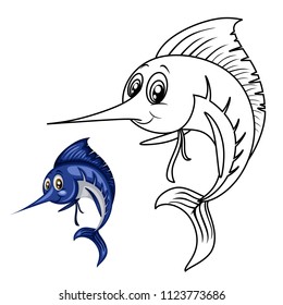 Colored and Black and White Vector Illustration of a Happy Xiphias. Cute Cartoon Swordfish Isolated on a White Background Coloring Page. Happy Animals Coloring Book for Children