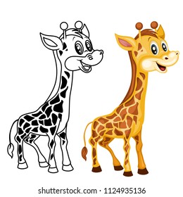 Colored and Black and White Vector Illustration of a Happy Giraffe. Cute Cartoon Giraffe  Isolated on a White Background Coloring Page. Happy Animals Set