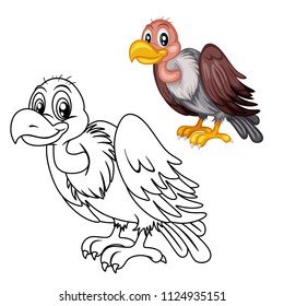 Colored and Black and White Vector Illustration of a Happy Vulture. Cute Cartoon Vulture Isolated on a White Background Coloring Page. Happy Animals Coloring Book for Children