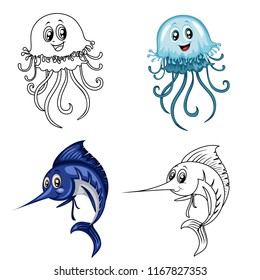 Colored and Black and White Vector Illustration of a Jellyfish and Xiphias. Cute Cartoon Jellyfish and Swordfish  Isolated on a White Background Coloring Page. Happy Animals Coloring Book for Children