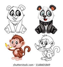 Colored and Black and White Vector Illustration of a Happy Panda and Monkey. Cute Cartoon Panda and Monkey Isolated on a White Background Coloring Page. Happy Animals Coloring Book for Children