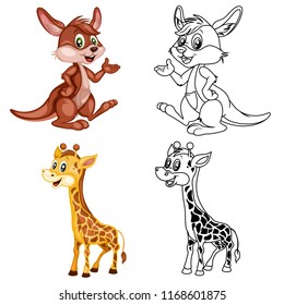 Colored and Black and White Vector Illustration of Happy Kangaroo and Giraffe. Cute Cartoon Kangaroo and Giraffe Isolated on a White Background Coloring Page. Happy Animals Coloring Book for Children