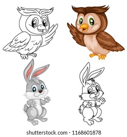 Colored and Black and White Vector Illustration of a Happy Rabbit and Owl. Cute Cartoon Bunny and Owl Isolated on a White Background Coloring page. Happy Animals Coloring Book for Children