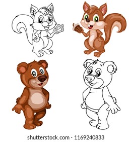 Colored and Black and White Vector Illustration of a Happy Squirrel and Bear. Cute Cartoon Squirrel and Bear Isolated on a White Background Coloring Page. Happy Animals Coloring Book for Children