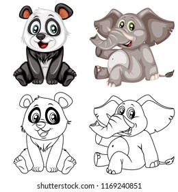 Colored and Black and White Vector Illustration of a Happy Panda and Elephant. Cute Cartoon Panda and Elephant Isolated on a White Background Coloring Page. Happy Animals Coloring Book for Children