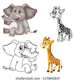 Colored and Black and White Vector Illustration of a Happy Giraffe and Elephant. Cute Cartoon Giraffe and Elephant Isolated on a White Background Coloring Page. Happy Animals Set