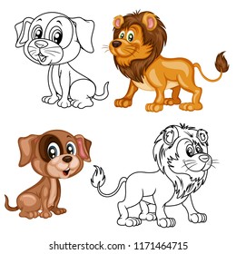 Colored and Black and White Vector Illustration of a Happy Lion and Dog. Cute Cartoon Lion and Puppy Isolated on a White Background Coloring Page. Happy Animals Set