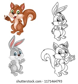 Colored and Black and White Vector Illustration of a Happy Squirrel and Rabbit. Cute Cartoon Squirrel and Bunny Isolated on a White Background Coloring Page. Happy Animals Coloring Book for Children
