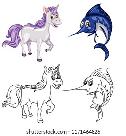 Colored and Black and White Vector Illustration of a Happy Unicorn and Xiphias. Cute Cartoon Unicorn and Swordfish Isolated on a White Background Coloring Page. Happy Animals Coloring Book 