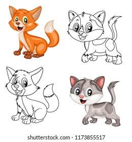 Ilustración de un gato y un zorro felices en color y blanco y negro. El gato y el zorro de caricatura se aislan en una página de color blanco. Feliz libro de colorear animales para niños